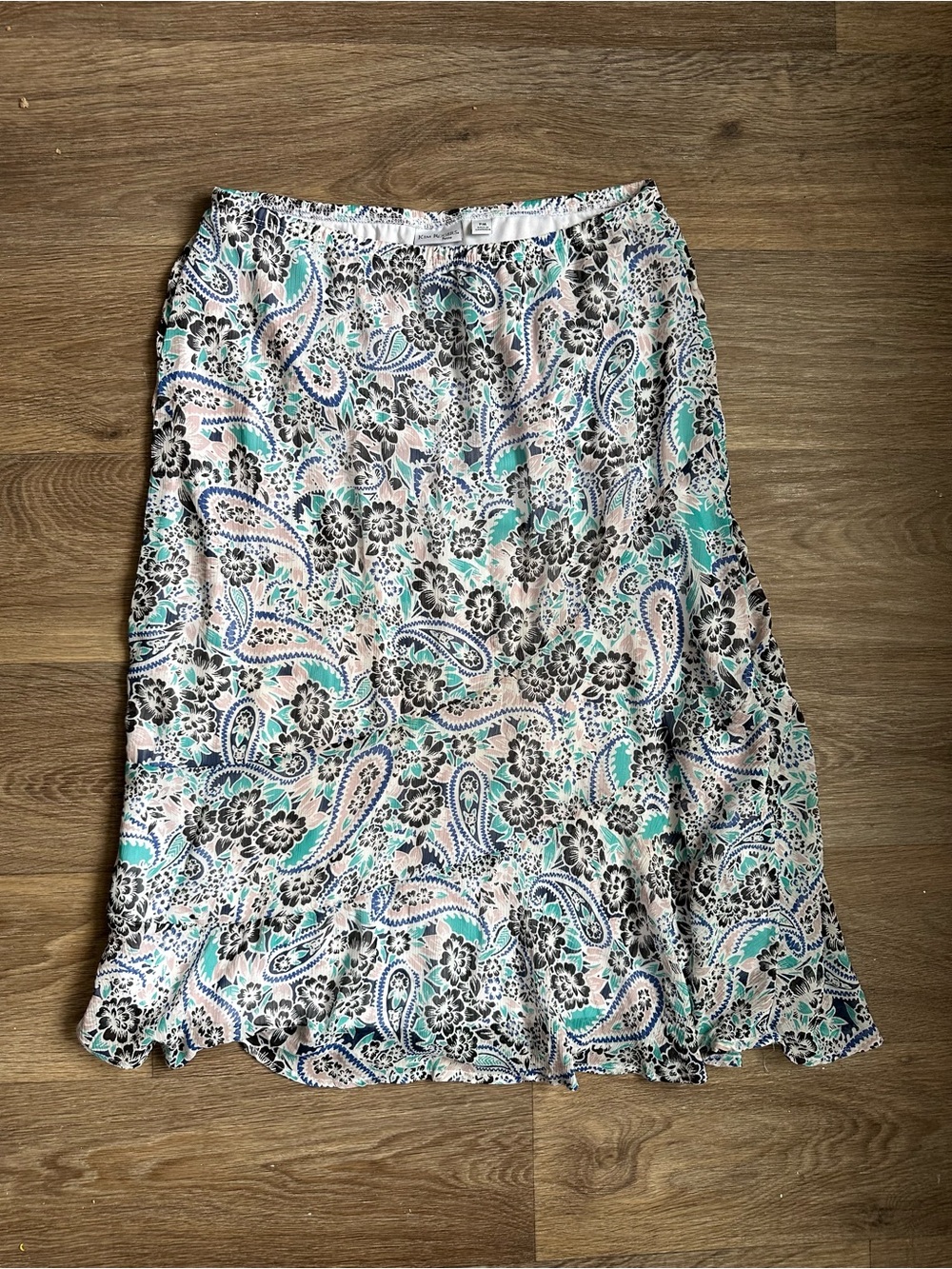 Kim Rogers Petite Medium Paisley A-Line Skirt Teal Pink Flowy Size PM
